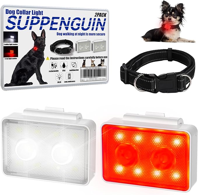 Rechargeable Dog Collar Lights, SUPPENGUIN 3+4 Modes Dog Lights Clip on for Night Walking, Night time, Portable, IP44 Waterproof (White, 2 Pack)