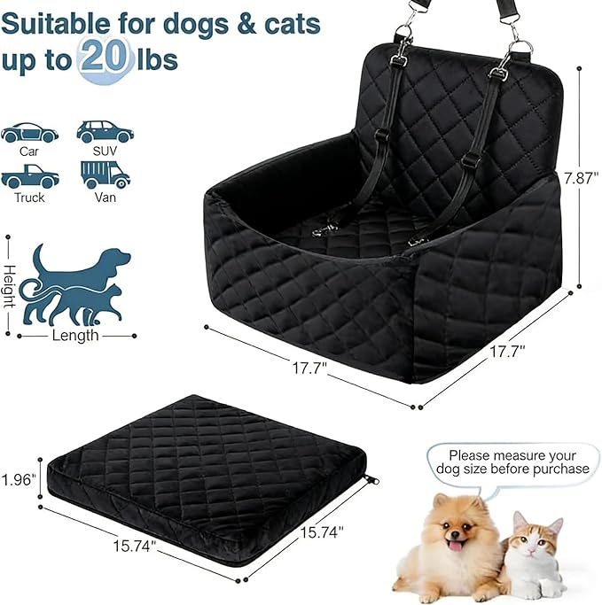 Dog Car Seat for Small Medium Dogs - Memory Foam Seat with Cushion for Pets Under 35lbs,Detachable & Machine Washable Pet Car Bed, Includes 2 Safety Belts Storage Pockets,Universal Fit for SUV Sedan