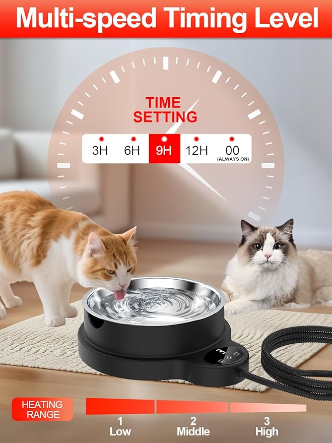 Heated Water Bowl for Outdoor Cats Dogs,100W Thermal Pet Bowl with 3 Temperature Settings and Timer,50oz Heated Dog Water Dish with Removable Stainless Bowl,Heated Bird Bath in Winter for Duck, Chicks