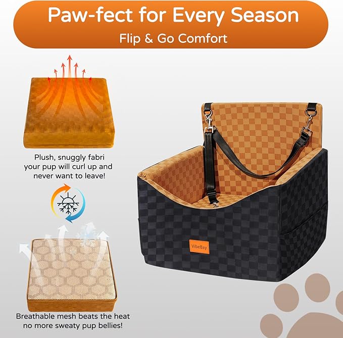 VibeBay Dog Booster Seat for Small Dogs up to 25 lbs,Memory Foam - Elevated Car Bed with Safety Leash & Storage Pocket, Fully Detachable & Machine Washable for Easy Travel