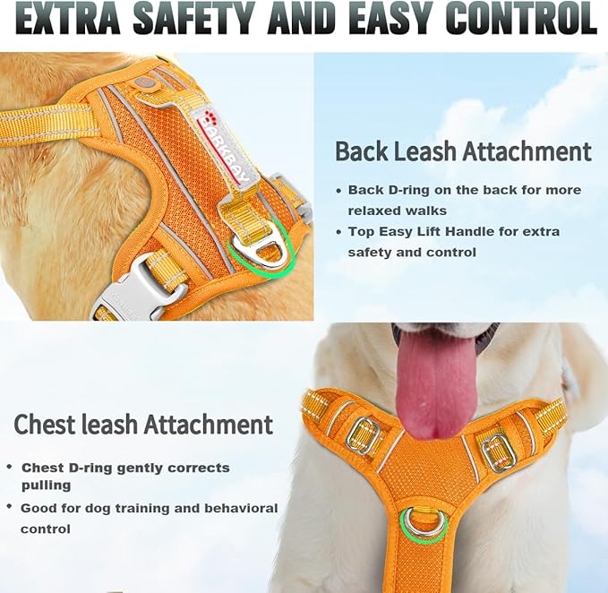 BARKBAY No Pull Dog Harness Large Reflective Dog Harness with Front Clip and Easy Control Handle for Walking Training Running with ID tag Pocket(Orange,XS)