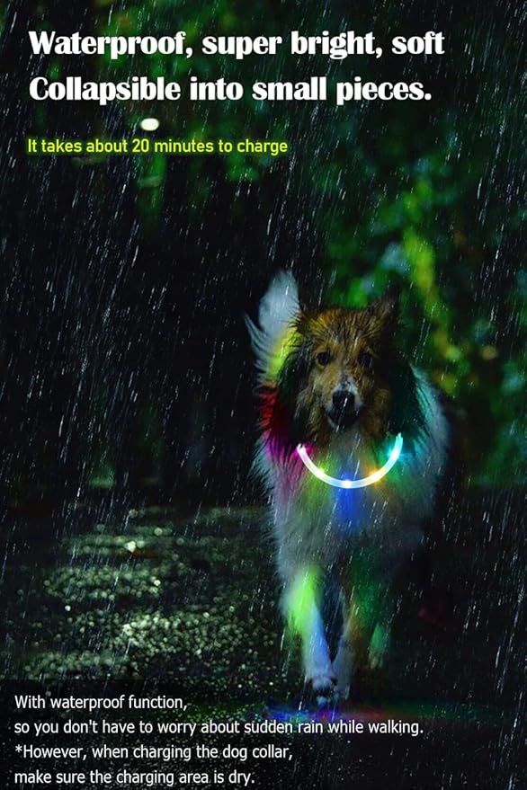Waterproof LED Dog Collar USB Rechargeable Light Up Dog Collars Lights for Night Walking Lighted Safety Training & Behavior Aids for Small Medium to Large Dogs