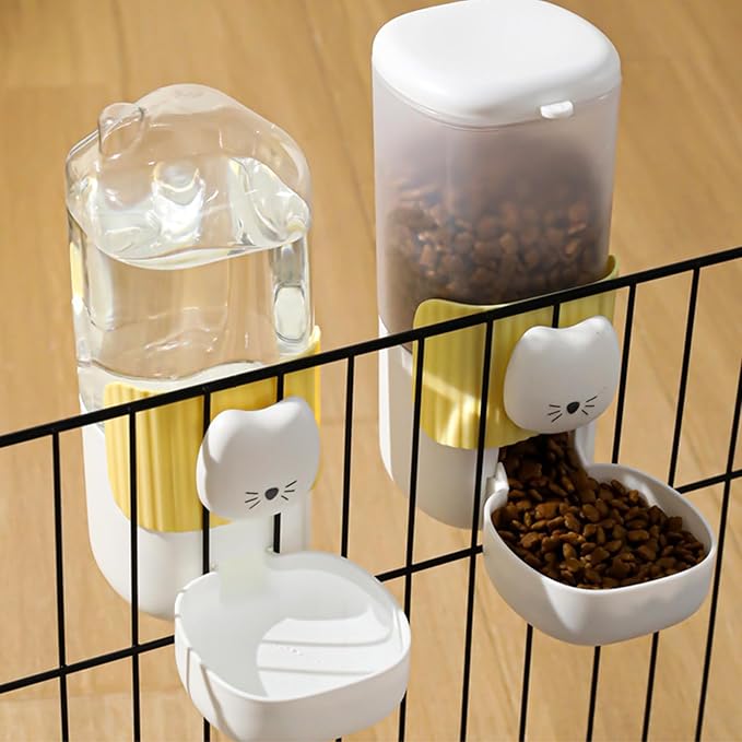 2Pieces Auto Dog Feeder with Cartoon Face, Hanging Mount Food Water Bowl, Easy Maintenance for Kittens & Puppies Cartoon Cats Face Dog Automatic for Busy Owner