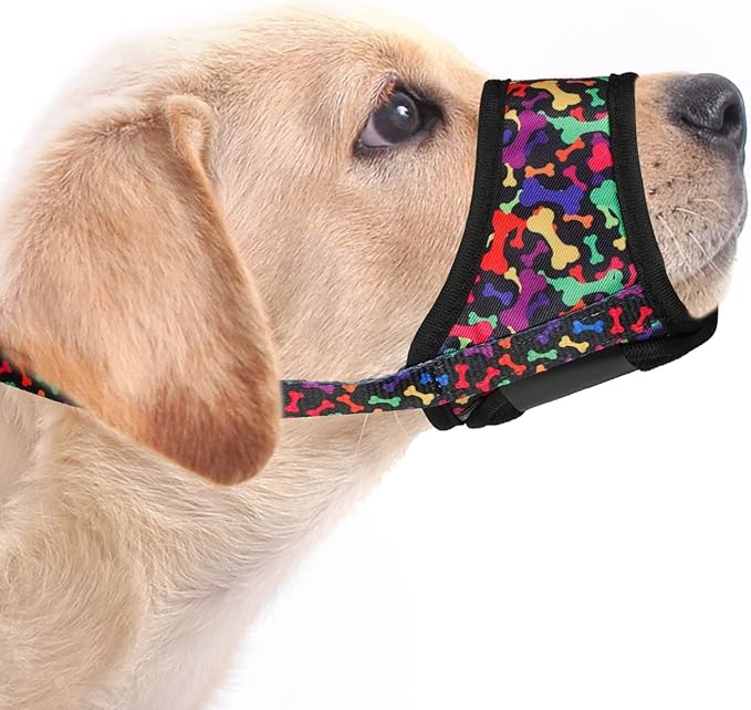 LUCKYPAW Dog Muzzle Anti Biting Barking and Chewing with Comfortable Mesh Soft Fabric and Adjustable Strap, Suitable for Small, Medium and Large Dogs(Black Bone,XS)