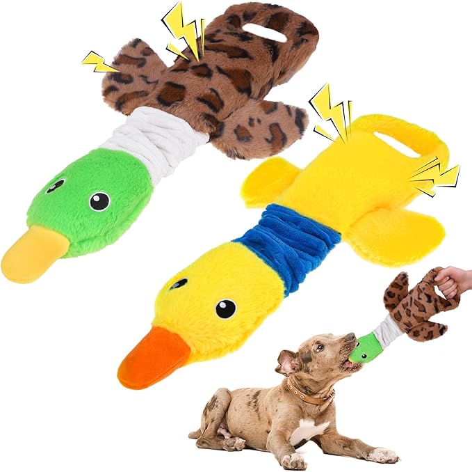 Mihachi Squeaky Dog Toys 2 Pack, Plush Stuffed Puppy Toys with Crinkle Paper-Tug of War Dog Toys for Small, Medium and Large Dogs Duck Interactive Squeaky Pet Toys to Keep Them Busy, Wild+Yellow Duck