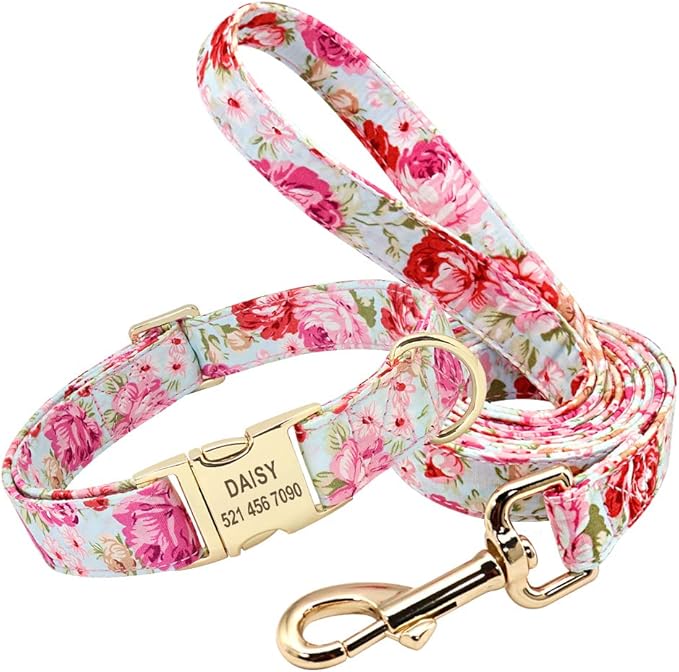 Personalized Floral Dog Collar and Leash Set Custom Small Medium Large Dog Pet ID Collar Lead Flower Print Dog Engraved Collars Pink Set S