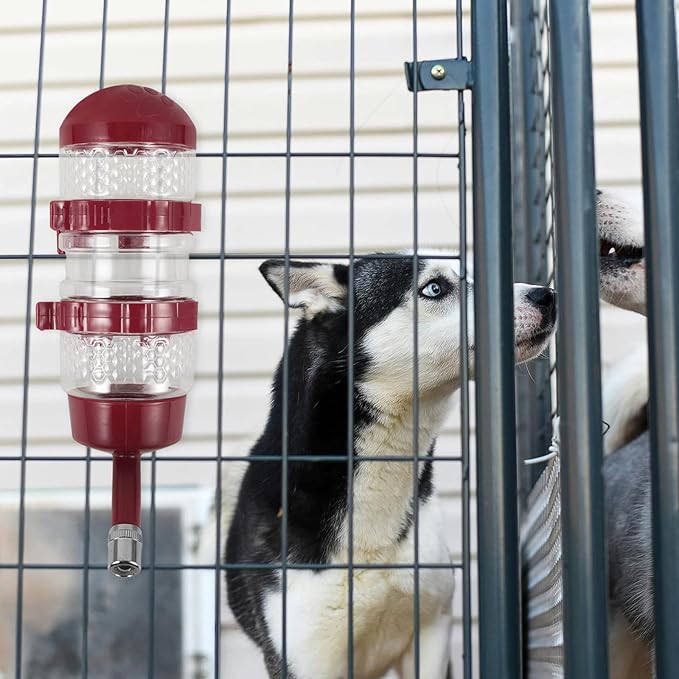 Kisangel Dog Water Bottle Dispenser Hanging Pet Feeder with Ball Valve Large Capacity Burgundy for Kennels Cats and Dogs Automatic Waterer for Crate Use
