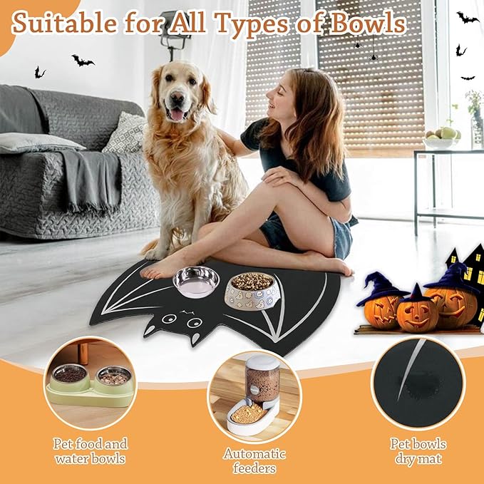 Halloween Pet Mat for Food and Water, Pet Feeding Mat for Dog Cat Bowl Absorbent Anti-Stain Non-Slip Quick Dry Easy Clean Floor Placemat, Pets Accessories Indoor (Bat)