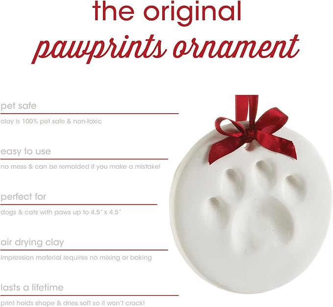 Pearhead Clay Pawprint Christmas Ornament, Pet Owner Holiday Gift, Dog or Cat Paw Print Keepsake, DIY Pawprint Hanging Ornament, Classic Red Ribbon
