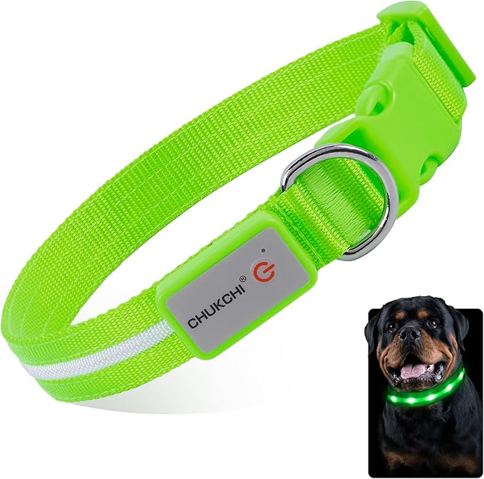 CHUKCHI LED Dog Collar Rechargeable,Waterproof Flashing Collar,Light Up Glow Collar, Adjustable Soft Safety Light Up for Small Medium Large Dogs Walking Camping at Night (Green-S)