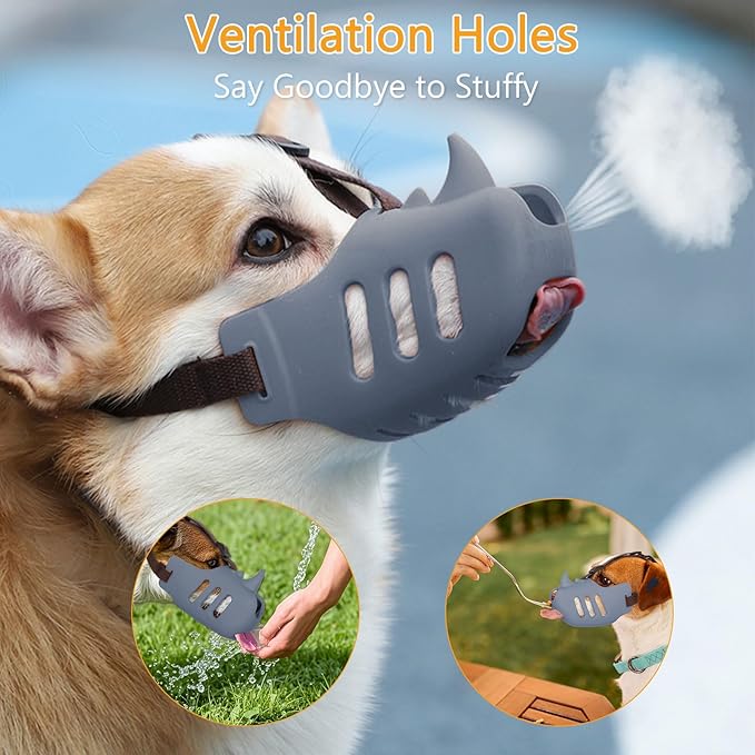 NACOCO Anti Bite Dog Muzzle - Dog Soft Mouth Rhino with Adjustable Strap Covers Breathable Silicone Cage Pet for Biting Chewing Small Medium (Grey Rhino, S)