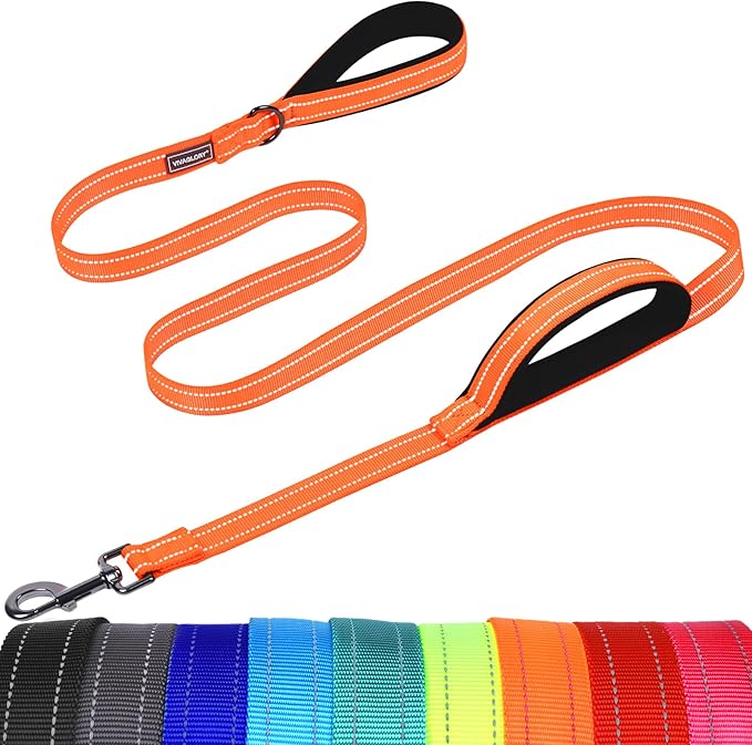 VIVAGLORY Twingrip Dog Leash, Double Handle Dog Leash for Training & Walking with Traffic Handle & 2 Loop, Traffic Control Reflective Heavy Duty for Puppy Pet, 4ft x 1in, Orange