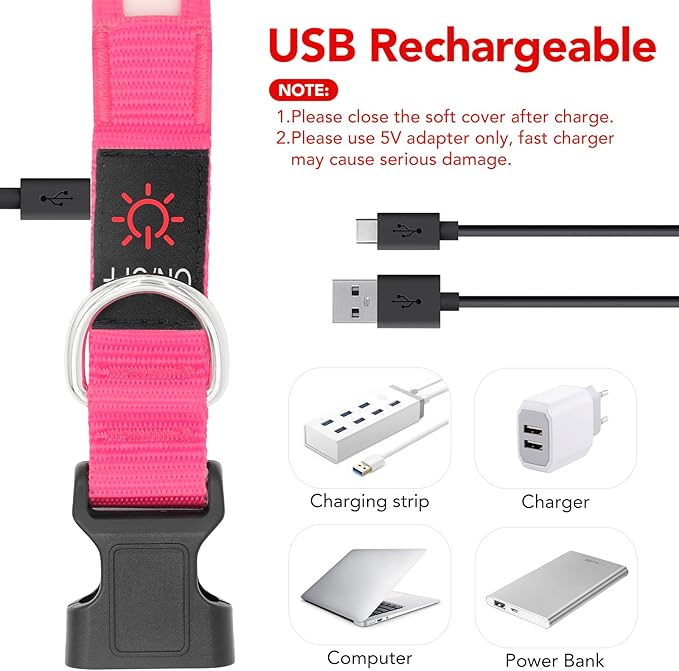 Vizpet LED Dog Collar, Light Up Dog Collar Adjustable USB Rechargeable Super Bright Safety Light Glowing Collars for Dogs (X-Large, Pink)