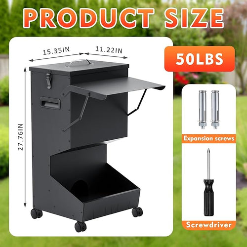 1 Pcs Automatic Large Dog Feeder with Lid and Wheels Outdoor 50 Lbs Self Feeding Pet Food Dispenser for Large Breed Dogs Pets