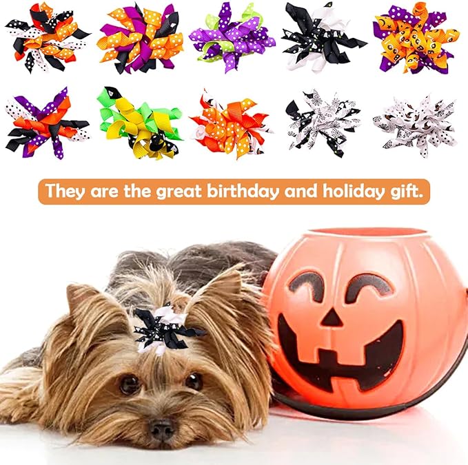 PET SHOW 20pcs/10pairs Curly Dog Hair Bows with Rubber Bands for Small Medium Dogs Spiral Puppy Swirl Topknot Cat Festival Hair Accessories Pet Favor Gift (Halloween Styles)