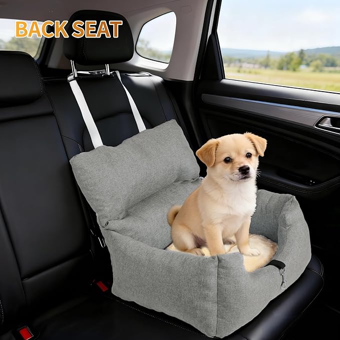 Dog Booster Car Seat Bed for Small Dogs Up to 18 LB, Portable Elevated Puppy Travel Car Seat with Tether & Reversible Cushion for Front and Back Use, Grey