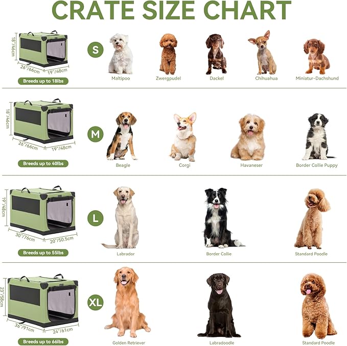 PETSFIT Soft Dog Crate, Dog Travel Crate - 36 Inch Lightweight, Easy Setup, sturdy Portable Dog Crate, Adjustable Framework with 3 Mesh Door, Soft Sided Collapsible Dog Kennel Green