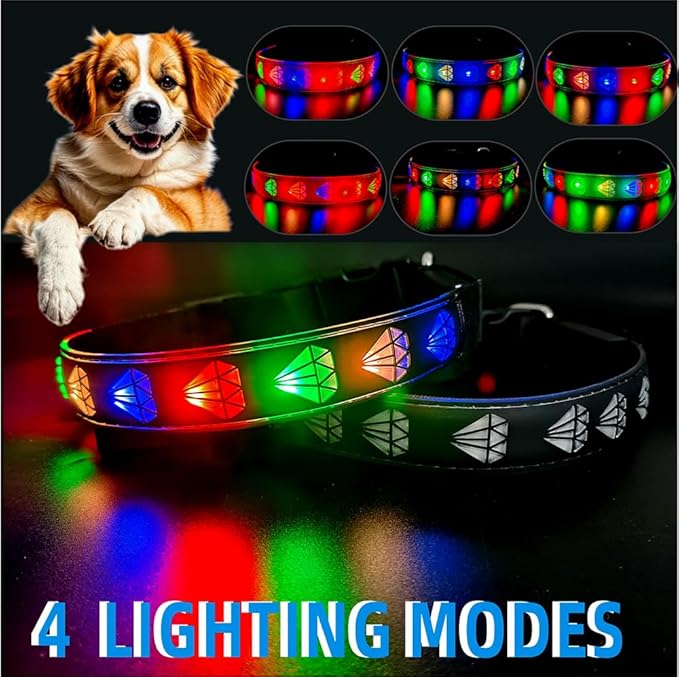 LED Dog Collar with Diamond Pattern, 15 Light Modes, with Bonus Pet ID Tag and Bell (BLACK Pro, XL(19.7-23.6"))