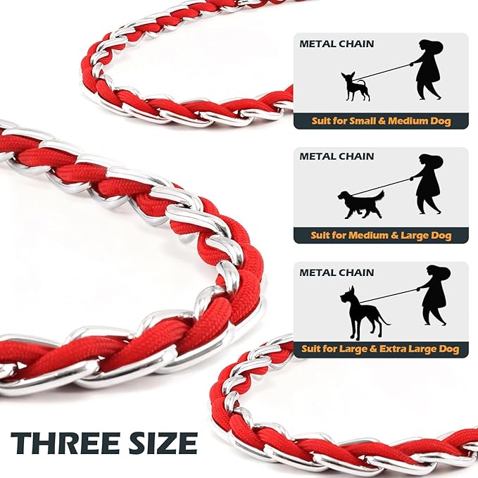 Chain Dog Leash Chew Proof Metal Leash for Medium Large Dogs, Chain Link Anti Chew 4FT Strong Anti Bite Comfortable Soft Padded Handle red 3.0