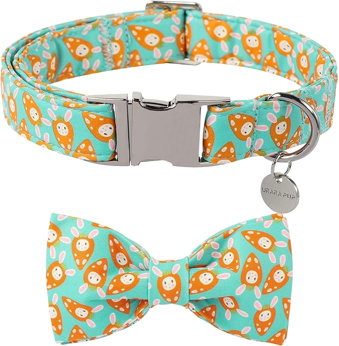 Easter Dog Collar with Bow Tie, Lovely Cotton Easter Carrot Adjustable Bowtie Collar for Girl Boy Dog, Adorable Carrots Puppy Collars with Metal Buckle,XL, Neck 16-26in
