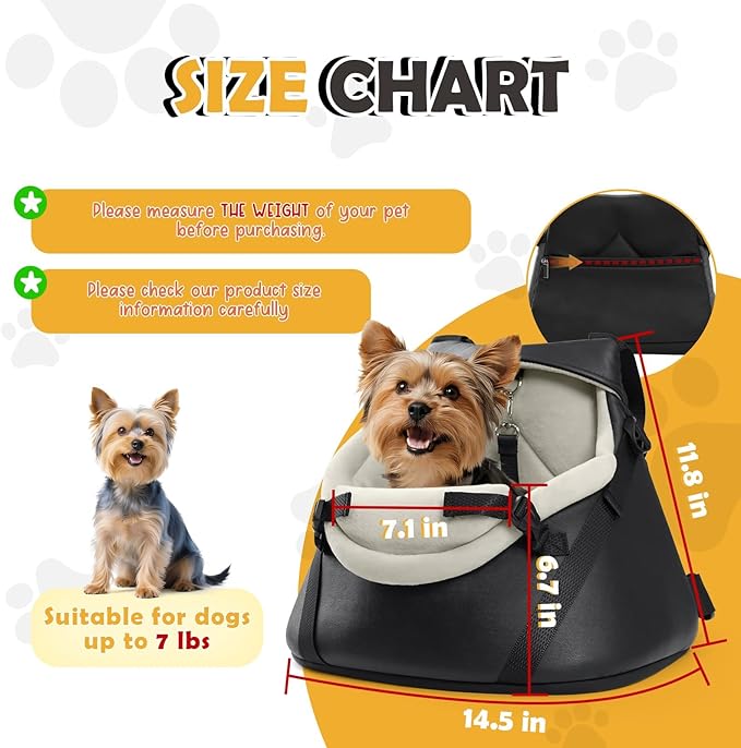 WOYYHO 1-7 lbs Tiny Dog Car Seat for Teacup Yorkie Luxury PU Leather Dog Booster Seat for Small Animals Cats Bunny Lizard Guinea Pigs with Safety Belt, Soft Flannel Lining, Adjustable Height