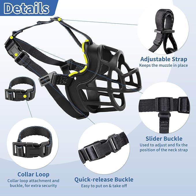BARKLESS Dog Muzzle to Prevent Biting, Scavenging, Basket Muzzle for Large Medium Sized Dogs, Soft & Lightweight & Sturdy Mouth Cover with Removable Collar Loop for Training, Walking (Black, 4)