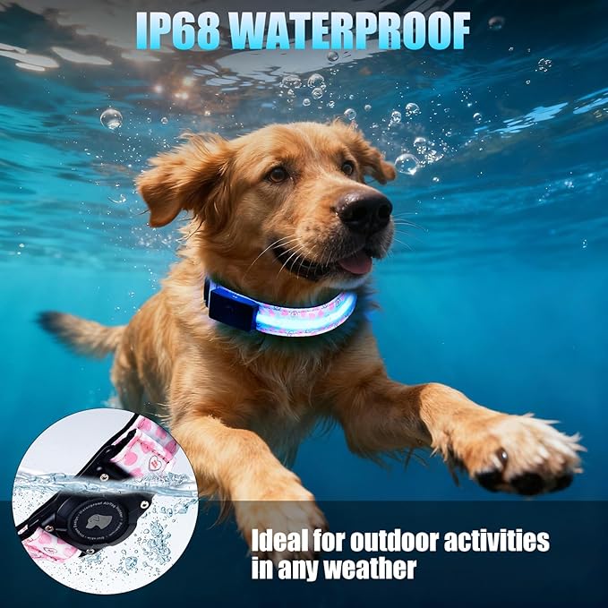 LED AirTag Dog Collar - Brightest Light Up Dog Collars - IP68 Waterproof Air Tag Dog Collar Holder - 1,600 Feet of High Visibility - Magnetic Charging - Dog Lights for Night Walking (Heart, L)