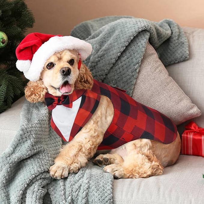 Kuoser Christmas Dog Tuxedo Dog Suit and Bandana Set, Pet Christmas Outfit Adjustable Puppy Xmas Costume with Bow Tie for Large Medium Small Dogs Golden Retriever Samo Bulldogs, Red Plaid XL