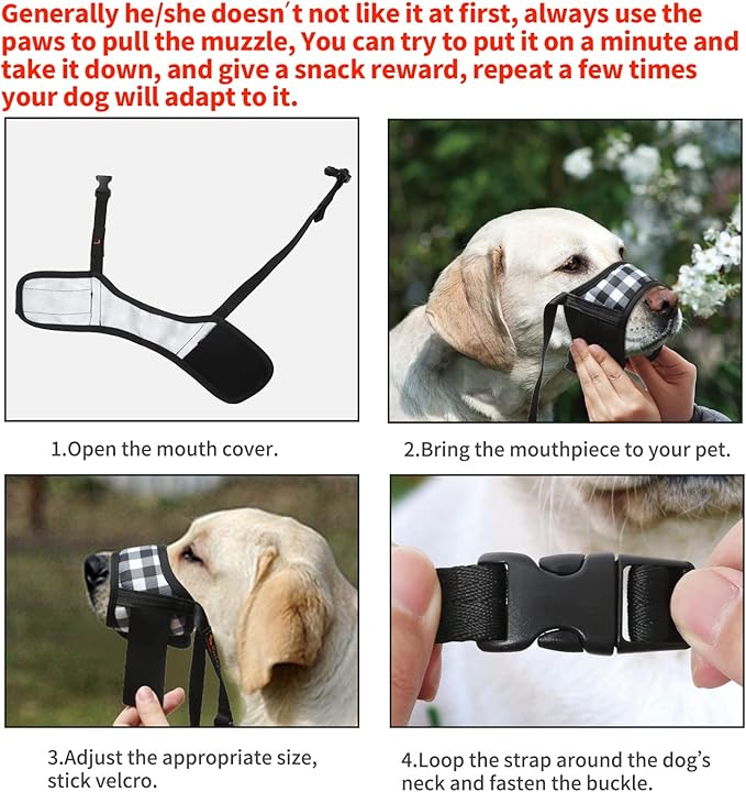 HEELE Dog Muzzle,Soft Nylon Muzzle Anti Biting Barking Chewing,Air Mesh Breathable Drinkable Adjustable Loop Pets Muzzle for Small Medium Large Dogs 4 Colors 4 Sizes (P-Black White Plaid, XL)