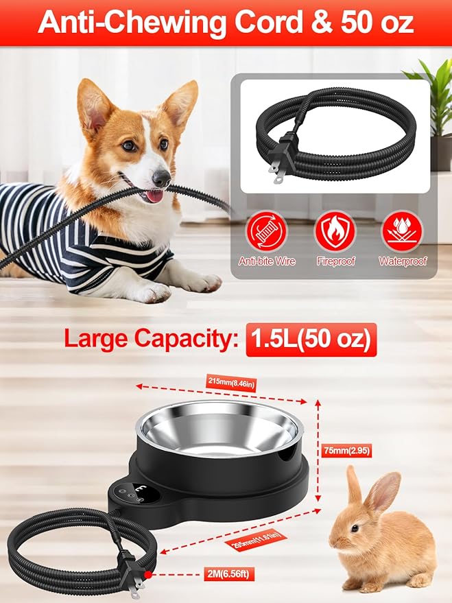 Heated Water Bowl for Outdoor Cats Dogs,100W Thermal Pet Bowl with 3 Temperature Settings and Timer,50oz Heated Dog Water Dish with Removable Stainless Bowl,Heated Bird Bath in Winter for Duck, Chicks