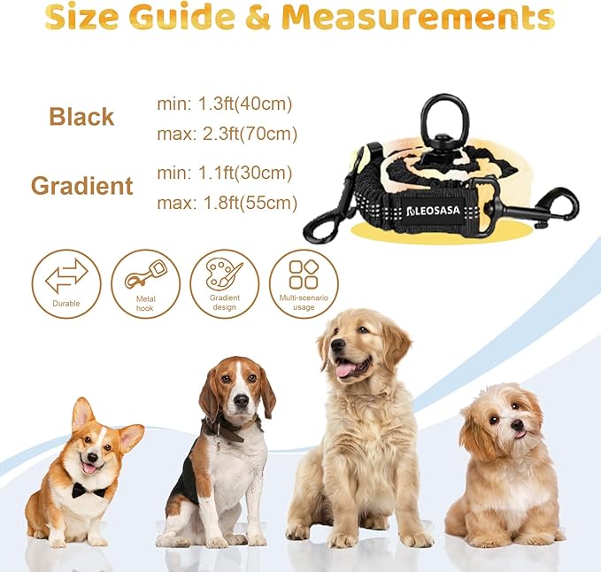 Double Dog Leash for Two Dogs - Gradient Color No Tangle Swivel Dog Coupler with Heavy Duty Clip, Size Adjustable Bungee Leash Attachment for Small, Medium, Large 2 Dogs, Style 3