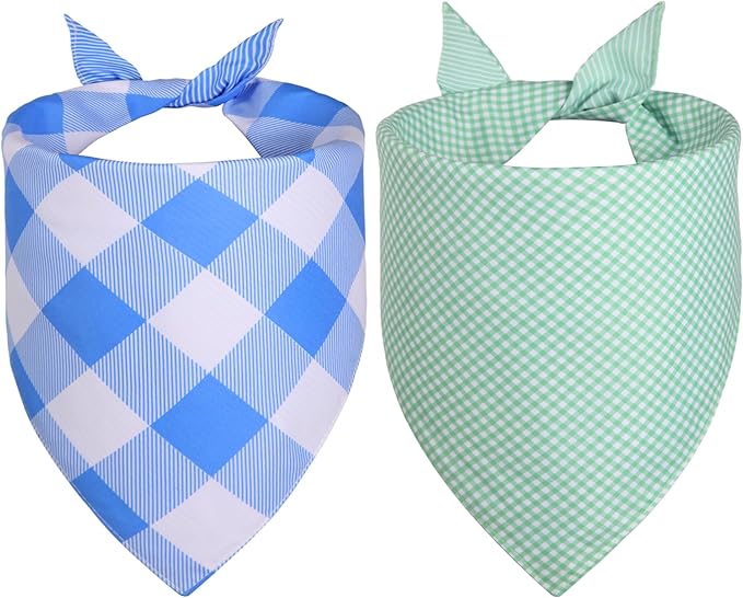 Plaid Dog Bandanas 2-Pack for Medium to Large Dogs - Reversible Gingham & Stripe Scarf, Blue & Mint Green Pet Accessory for Spring Summer