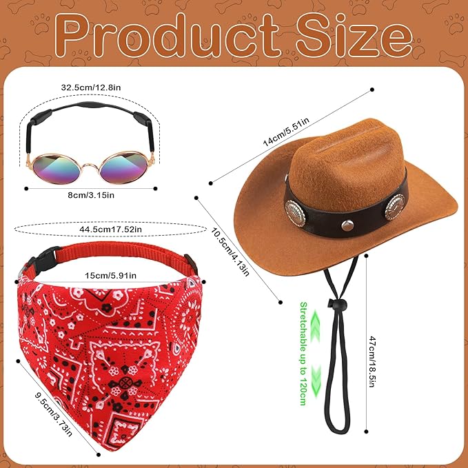 Pet Cowboy Costume with Dog Cowboy Hat Cat Bandana Scarf Sunglasses Western Cosplay Halloween Costumes for Small Dogs Cats Accessories