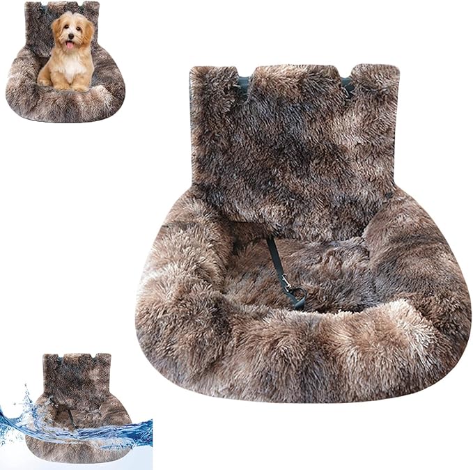 Dog Car Seat Bed, Fluffy Pet Travel Seat, Removable Washable Cushion, Non-Slip Bottom, Protects Car from Dirt/Scratches, Suitable for Small, Medium Dogs/Cats & All Vehicles (Brown)