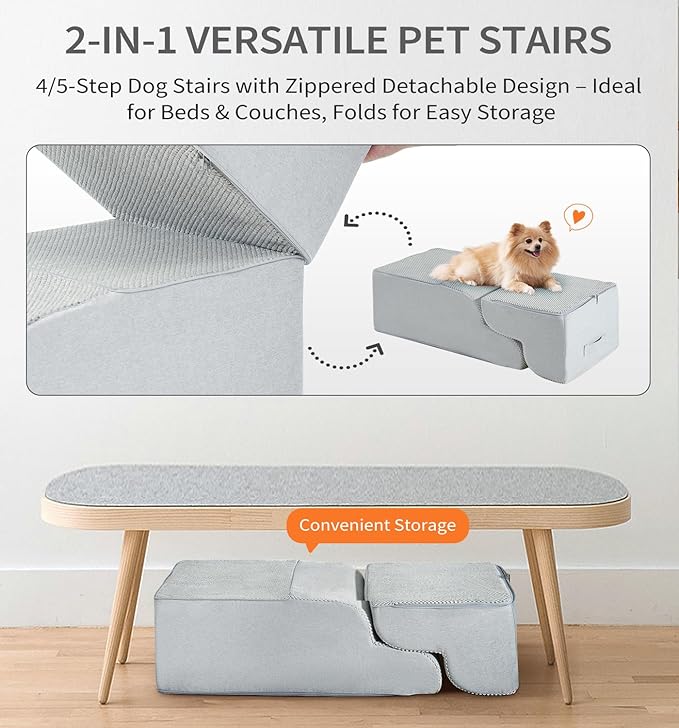 Made4Pets Dog Stairs Ramp for Bed 19.7" H, 4-Step Dog Steps for High Bed Couch Sofa Climbing, 35D Foam Pet Steps for Small Dogs and Cats, Non-Slip Bottom Pet Stairs, Light Grey