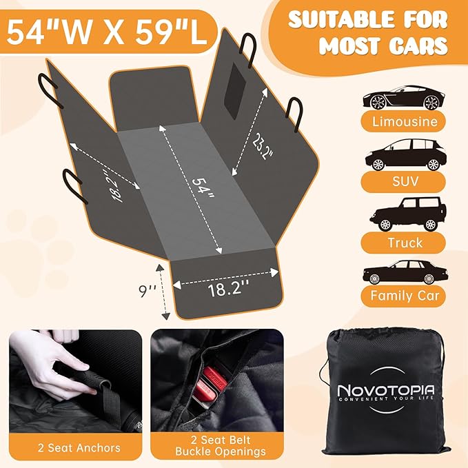 Dog Car Seat Cover for Back Seat 100% Waterproof, Long-Lasting and Soft Nonslip Backseat Dog Cover for Cars, SUVs and Trucks (Black-White, Standard (54" W x 59" L))