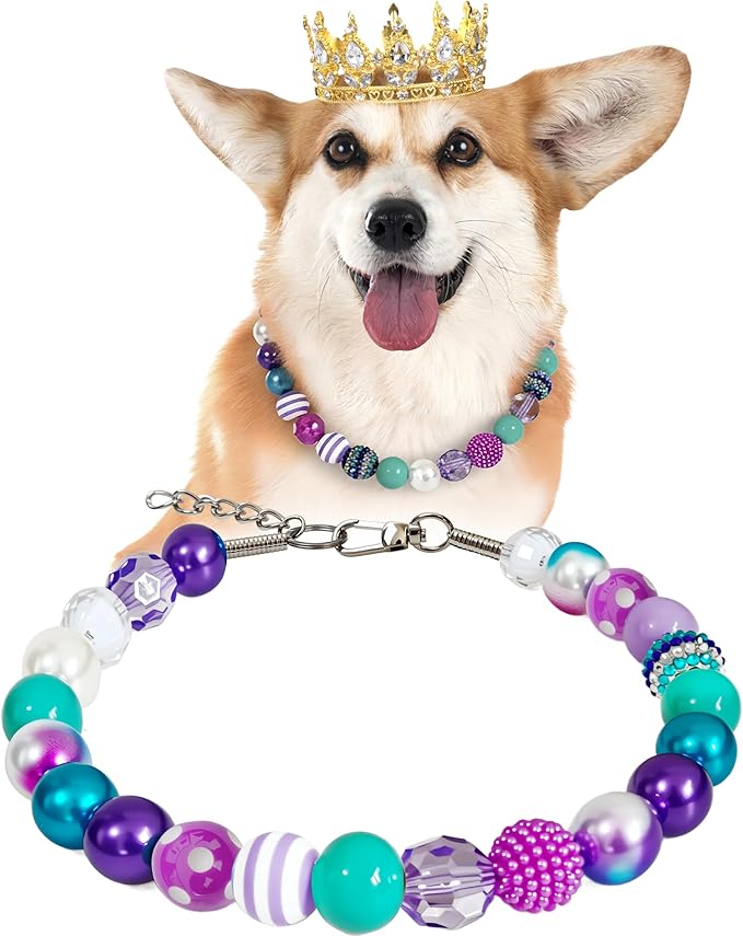 KUDES Bubblegum Dog Collar Necklace- Mermaid-Inspired 20mm Chunky Beads | Adjustable Rhinestone Pearl Collar for Medium & Large Dogs | Glamorous Party Daily Wear Accessory
