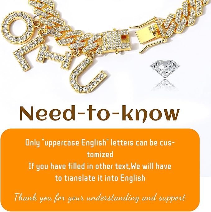 MUMUPET Custom Dog Collar Chain Golden Diamond Name Letters Cuban Style Collar Jewelry Secure Buckle Small Medium Dog Accessories
