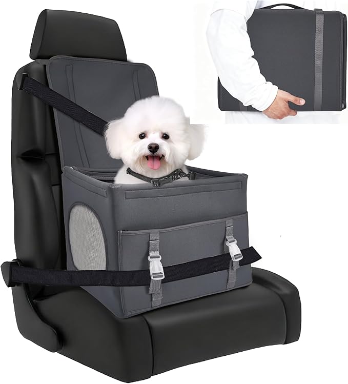 Dog Booster Car Seat, Foldable Puppy Car Safety Seat with 2-inch Elevated Cushion, Fully Detachable and Washable, Convenient to Carry, Easy to Install, Grey