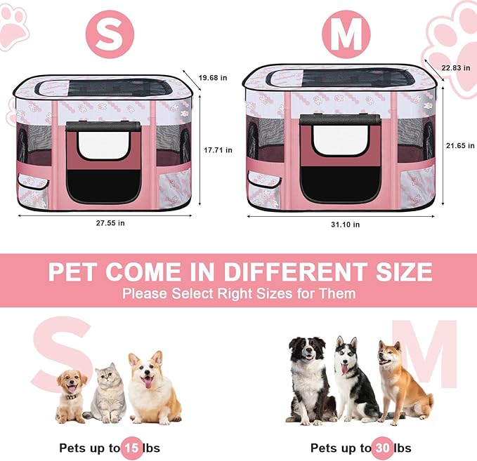 Foldable Dog Playpen Indoor,Expandable Puppy Playpen,Portable Pet Playpen for Small Animals,Waterproof Exercise Kennel Tent Crate for Travel,Camping, Home & Outdoor Use (M 31"L x 22"W x 21"H, Pink)