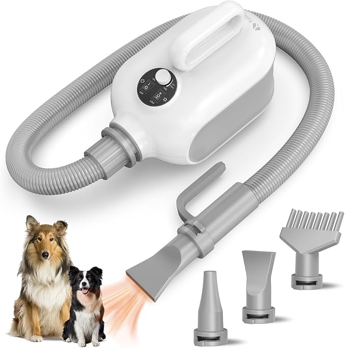 High Velocity Dog Hair Dryer for Pet Grooming – 150 MPH Airflow, Adjustable Temperature, and 3 Nozzles for Efficient Drying of Dogs, Cats, and Furry Friends