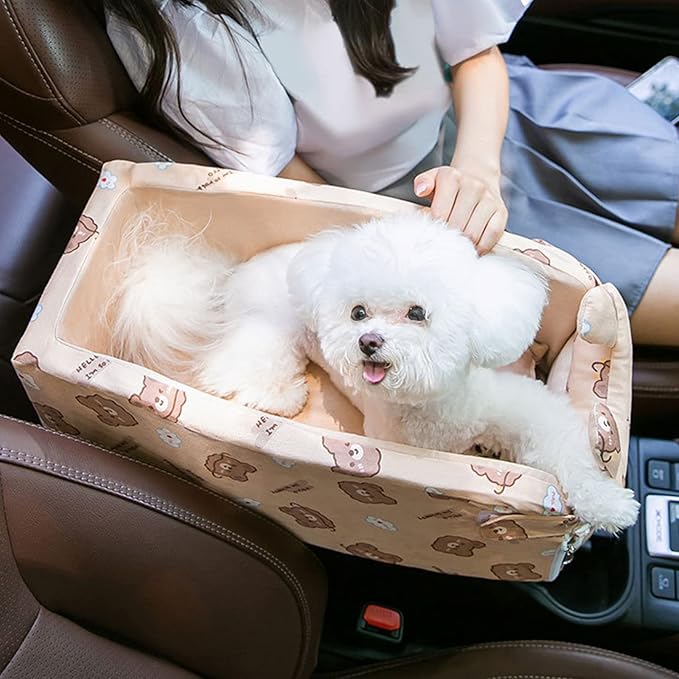 Small Dog Cat Car Booster Seat,Interactive Dog Console Car Seat ON Car Armrest,Detachable Dog Travel Bag Car Carrier Bed Portable Dog Habitat Bed for Most Car Deluxe Pet Seat