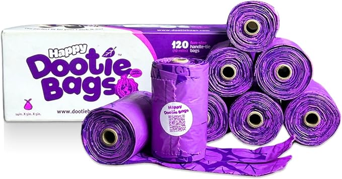 Happy Dootie Bags 10 Rolls.120 Bags with Handles. Clean, Quick and Convenient Pet Dog Poop Cleanup on Walks with Your Furry Friend. Made with Corn Starch. Strong and Leakproof. (Medium Size)