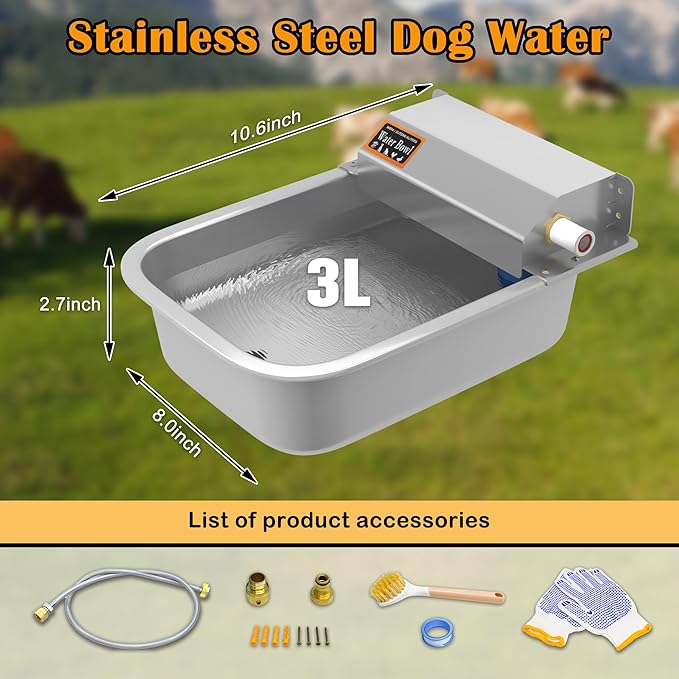 Automatic 304 Stainless Steel Dog Water Dispenser | 101oz/3L High-Volume Outdoor Pet Feeder | Auto-Fill, Anti-Tip, Wall/Ground Mount & Effortless-Clean Design