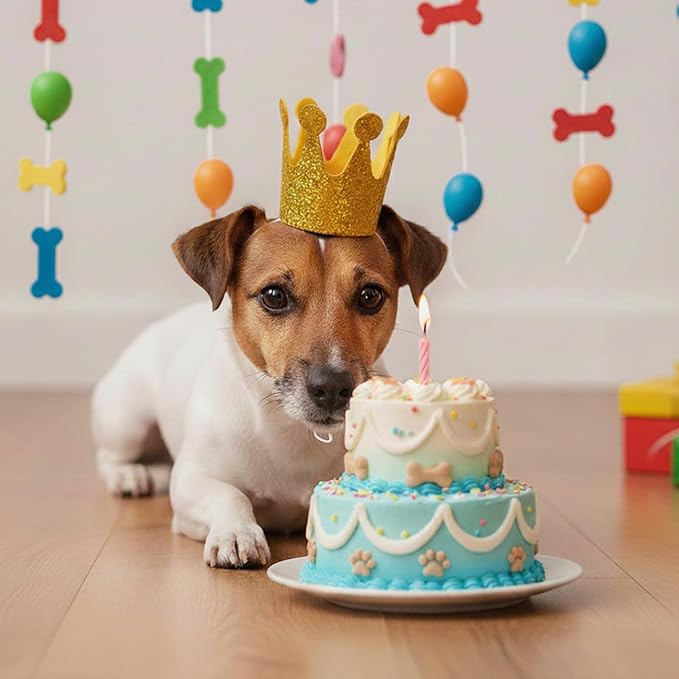 Glitter Dog Birthday Crown, Cat Birthday Hat for Small Dogs, 3.5 Inch Glitter Mini Tiara with Adjustable Strap, Lightweight Felt Headwear for Puppy Milestone Party or Gotcha Day Gold