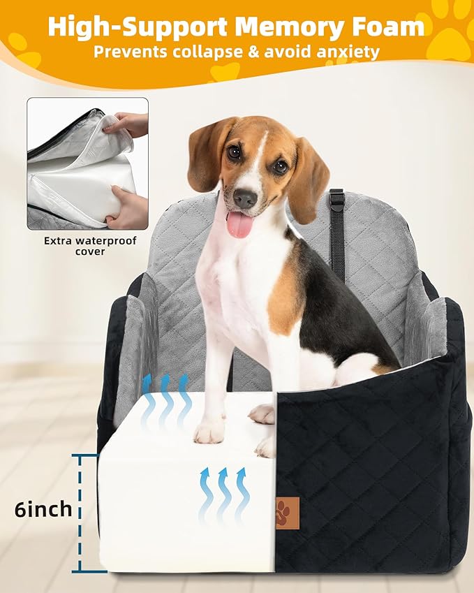 Car Seat Booster for Dog: High-Support Memory Foam Pet Car Seat for Small/Medium Dogs Under 35lbs with Elevated Cushion - Detachable Washable Puppy Travel Bed for Driving with Pockets