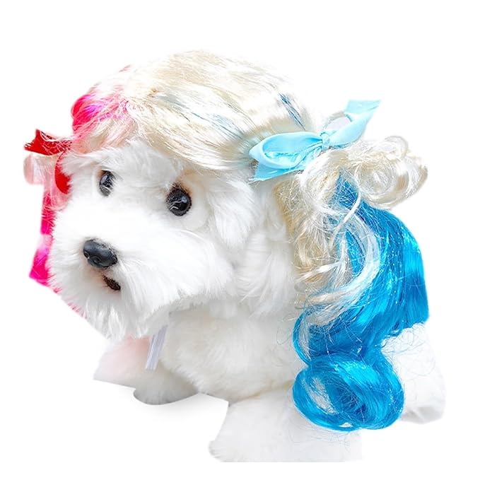 Pet Wig for Dogs and Cats, Realistic Adjustable Costume Wig with Simulated Hair for Small Medium Large Pets, Halloween Cosplay Party Photo Shoot Fun Accessory (Red)