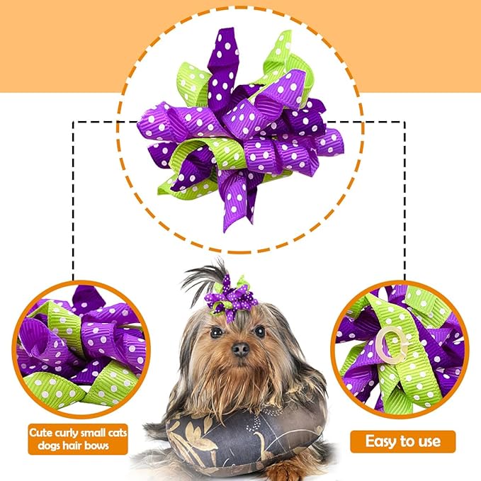 PET SHOW 20pcs/10pairs Curly Dog Hair Bows with Rubber Bands for Small Medium Dogs Spiral Puppy Swirl Topknot Cat Festival Hair Accessories Pet Favor Gift (Halloween Styles)