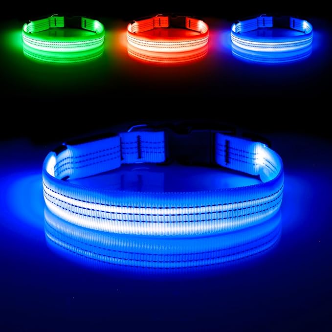 Illumifun Light Up Dog Collar, USB Rechargeable LED Dog Collar, Adjustable Reflective Lighted Pet Collar for Night Walking Camping (BlueⅢ, Large)