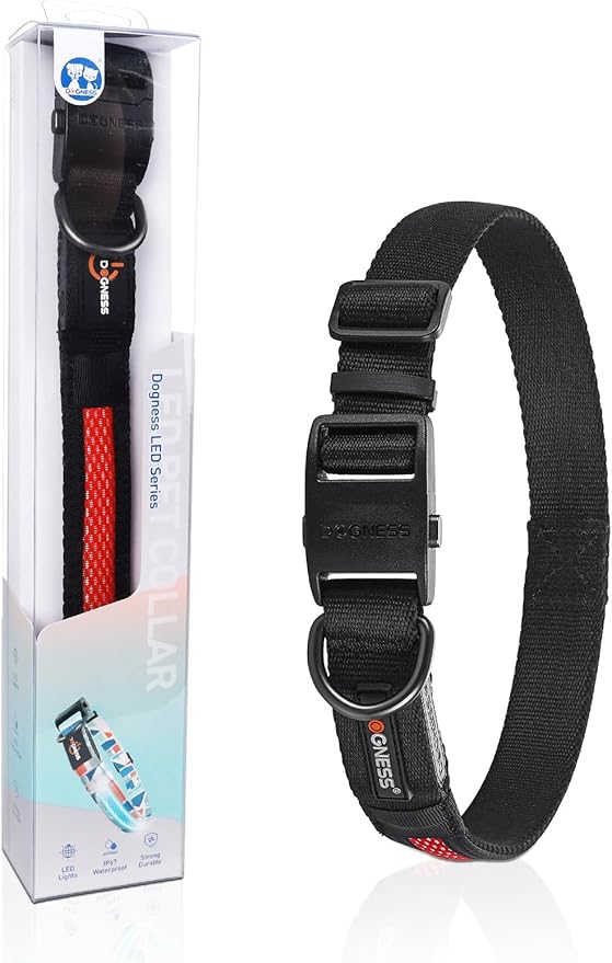 Dogness LED Dog Collar, Light Up Dog Collar for Night Walking, USB Rechargeable Glow in The Dark Dog Collars for Safety Camping (Large - Black)
